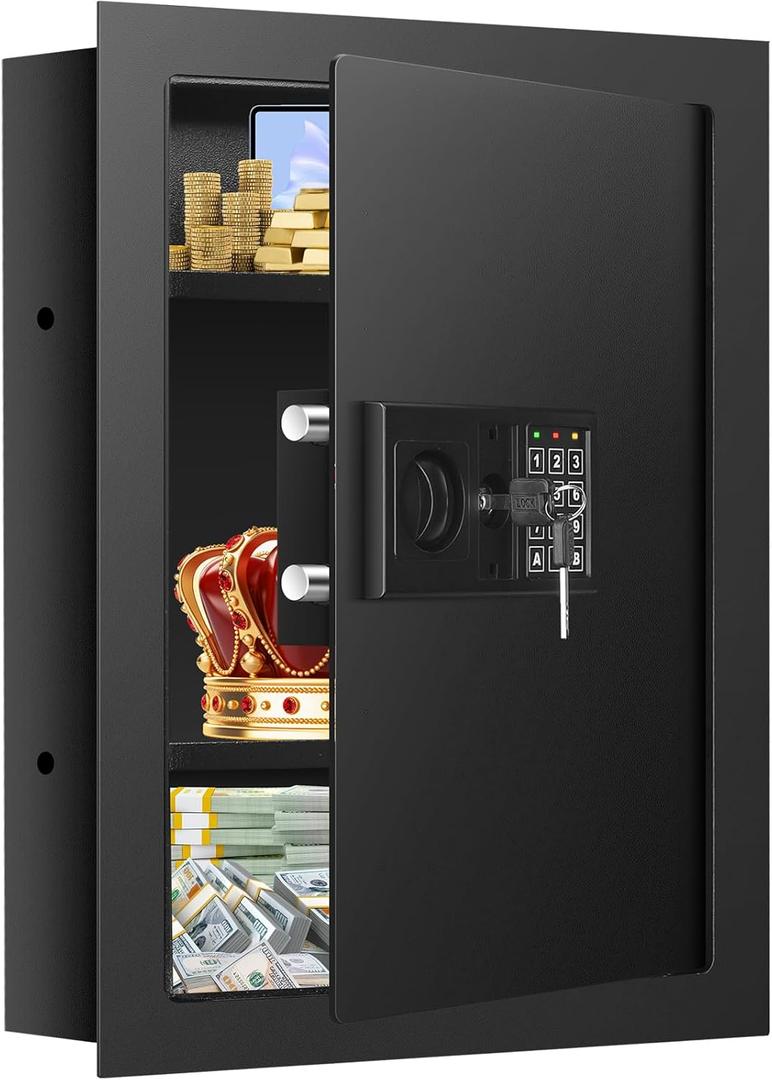 22.05" Tall Wall Safes Between the Studs 16" Centers, Combination Lock in Wall Safe with 2 Removable Shelf, Hidden Safe for Money, Jewelry, Document, Passport (Black)