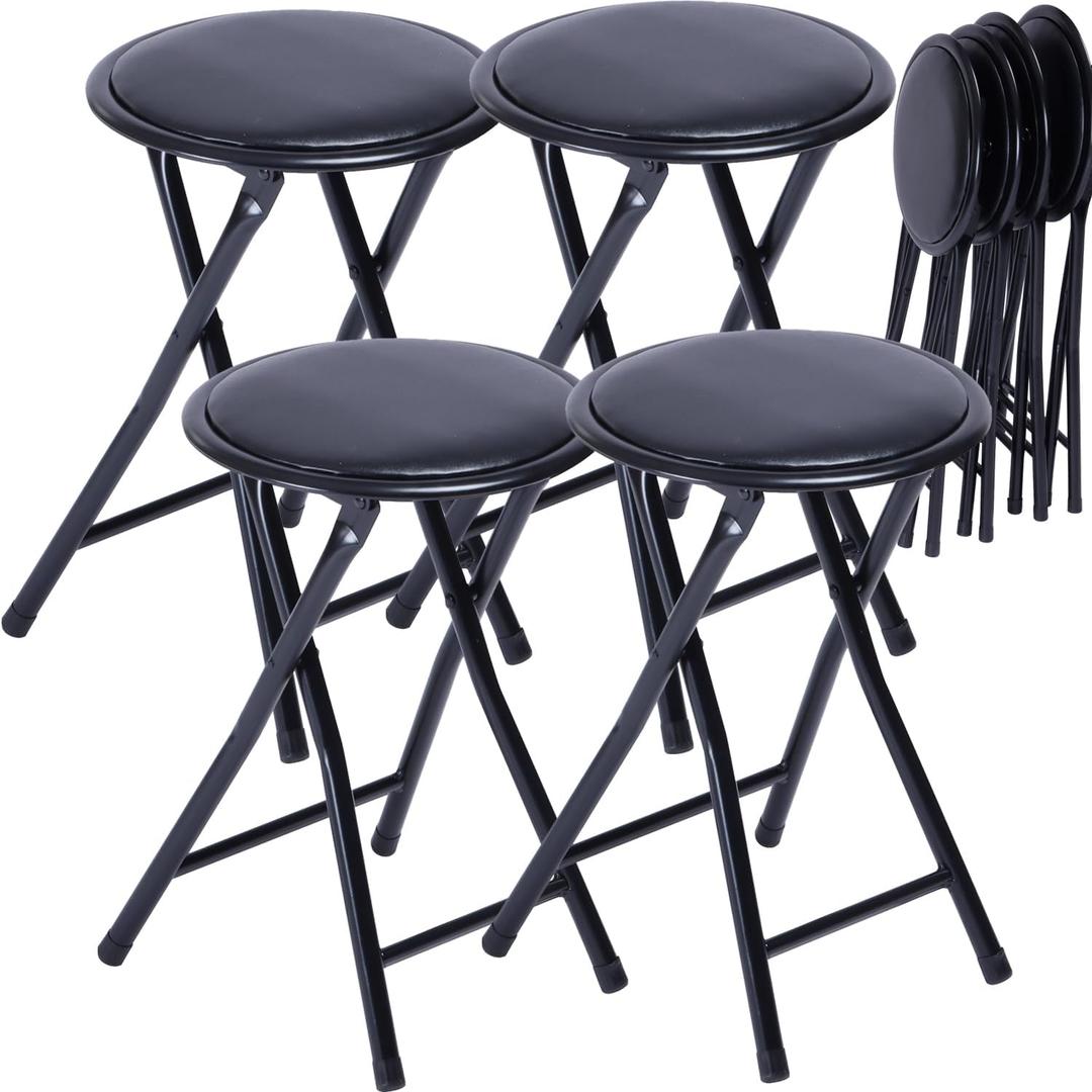 FurnitureR Folding Stools Set of 4, Backless 24-Inch Collapsible Padded Round Stool Chair Portable for Indoor/Outdoor, Metal Frame, PVC Cushion, No Assembly Required, Black