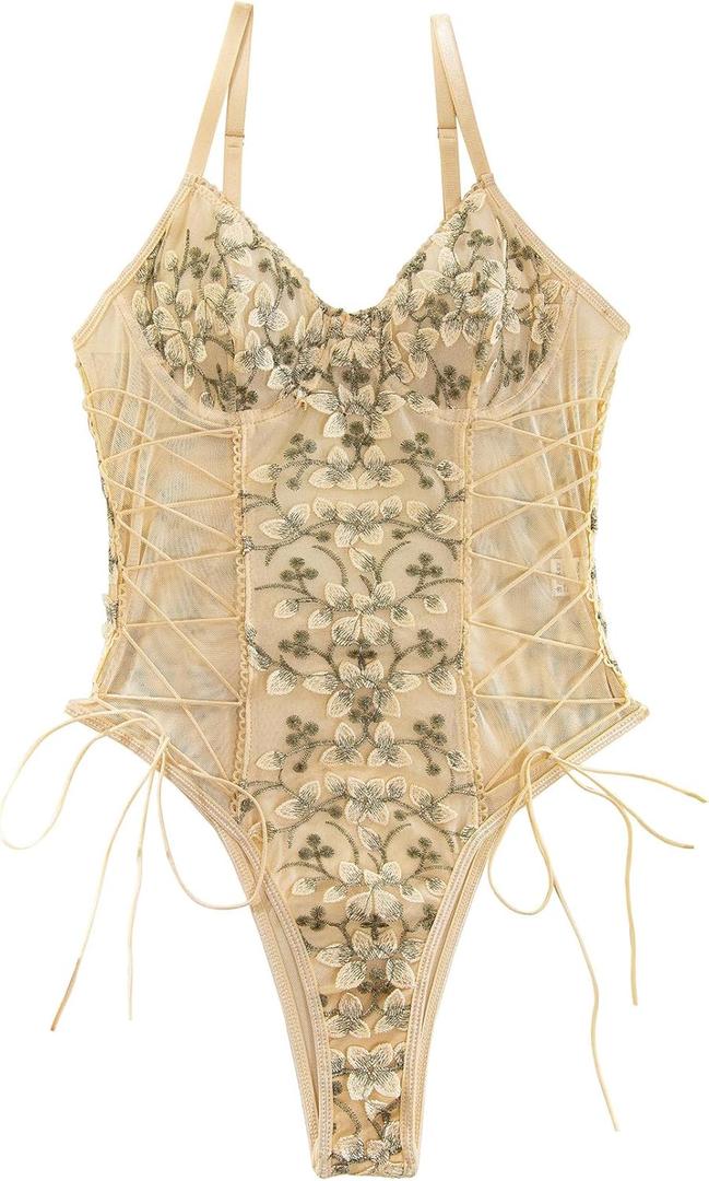 Lilosy Women Sexy Lace Up Floral Embroidered Teddy Lingerie Bodysuit Top Mesh Sheer One Piece (Size Small, Beige)