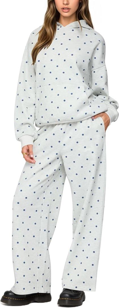 HOCANDY Polka Dot Hoodie and Sweatpants Set for Women (Medium, Grey)