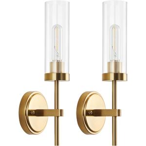 WILON Gold Wall Sconces Set of 2, Vanity Lights for Bathroom Sconces Wall Lighting with Clear Glass Shades, Vintage Antique Brass Wall Lamp for Mirror Bedroom Living Room Bedside Hallway