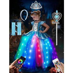 Princess Dress Up for Girls, RGB LED Light Up Syncs Music App Control, Toddler Princess Dress Up Halloween Costume (5-6 Years, Blue)