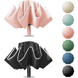 Large Windproof Travel Umbrella, Portable Reverse Folding Car Umbrella, Compact Inverted Design with Waterproof Canopy, Automatic, 10 Durable Ribs, 45.6/13 Inch, Fits Backpack, 2026 Spring (2 BLACK+PINK)
