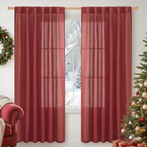 YoungsTex Burgundy Red Linen Semi Sheer Curtains 78 Inch Length for Living Room, Light Filtering Window Drapes with Rod Pocket Back Tab for Dining Bedroom, 2 Panels, 52 X 78 Inch