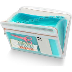 H4D 13 Pocket Expanding File Folder Organizer with Front Clear Pounch, Accordion File Organizer with Zipper Clourse, Fit for Letter Size Papers, Teal