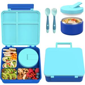 Bento Lunch Box with 8oz Soup Thermo, Kids Leakproof Lunch Food Containers with 4 Compartment, Kids Thermo Insulated Hot Food Jar for School, TrvaelBlue