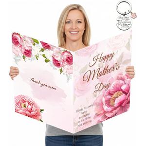 Jumbo Mother's Day Greeting Card for Mom with Envelope - 14x22 Inch Large Pink Floral Card Giant Signature Card from Son Daughter - Big Oversized Guest Book Card for Mother's Day Birthday Gift with Keychain