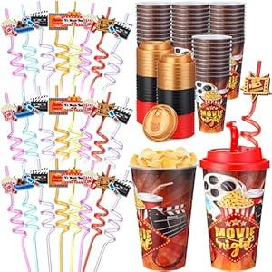Yungyan 24 Sets Movie Night Party Favors Goodie Cups with Lids and Straws for Halloween Party Decorations Reusable 16oz Plastic Candy Cups Plastic Straws for Birthday Gift(Movie Night)
