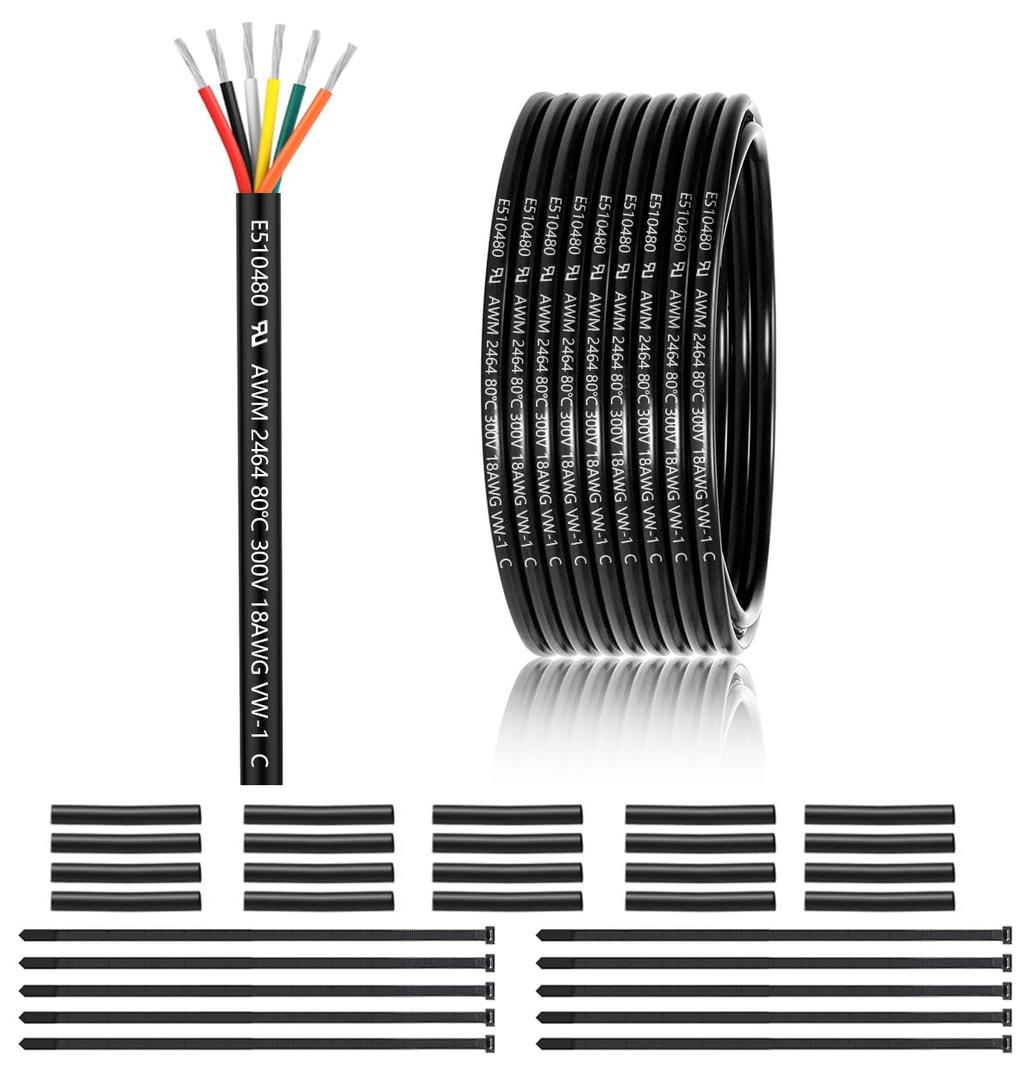 18 Gauge 6 Conductor Electrical Wire 50FT, UL 2464 18 AWG 6 Wire Cable Tinned Copper PVC Stranded 18/6 Core Wire for LED Lighting, Outdoor Low Voltage Extension Cable, Automotive 