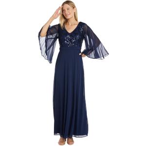 R&M Richards Women's Elegant Sequin Bodice Chiffon Maxi Dress W/Cape Sheer Sleeves | Evening Cocktail Party (Blue, L/12)