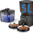 Automatic Cat Feeder and Water Dispenser Set, 5L/20 Cups Timed Cat Dry Food Dispenser, 2L Cats Water Fountain for Drinking with Filter, 10s Meal Call, 20 Portions 6 Meals Per Day (Black)