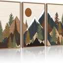 KUVIOKE Morden Mountains Framed Wall Art Boho Pine Tree Forest Nature Landscape Artwork Bohemain Farmhouse Rustic Bedroom Living Home Decor 16x24in (Natural Framed) (Wooden Mountain Sunrise)