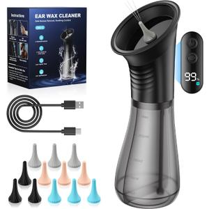 Electric Ear Wax Removal with One-Piece Waste Tank and Smart Display, 3 Targeted Modes, 230ml Detachable Tank, 12 Nozzles -Ear Cleaning Kit IPX7