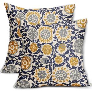 Navy Blue Yellow Grey Pillow Covers 18x18 Set of 2 Boho Carpet Pattern Decorative Throw Pillows Outdoor Pillowcase Vintage Floral Farmhouse Square Linen Cushion Case Decor for Sofa Couch Bed