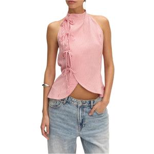 WDIRARA Women's Striped Bow Tie Front Halter Tops Asymmetrical Sleeveless Backless Tank Tops (Red, M)