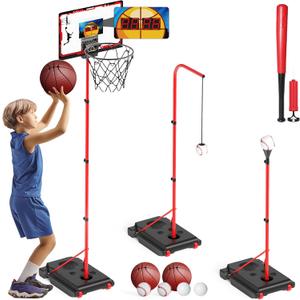 Basketball Hoop for Kids, 4 in 1 Kids Basketball Hoop and T Ball Set with Hanging Baseball Hoop, Toddler Basketball Toys, 2.98-5.8ft Adjustable Basketball Set for Indoor & Outdoor Backyard Sport Game