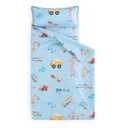 Wake In Cloud - Toddler Nap Mat with Pillow and Blanket, 100% Cotton Fabric, for Kids Boys Ages 3 Plus in Daycare Kindergarten Preschool, Cars Cranes Trucks, Blue, Standard (Standard - 50"x20")