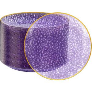 Rubtlamp 100Pcs Plastic Purple Dinner Plates, Heavy Duty 10 Inch Gold Disposable Plates, Hammered Purple Plates with Gold Rim, Fancy Plastic Plates for Weeding Parties