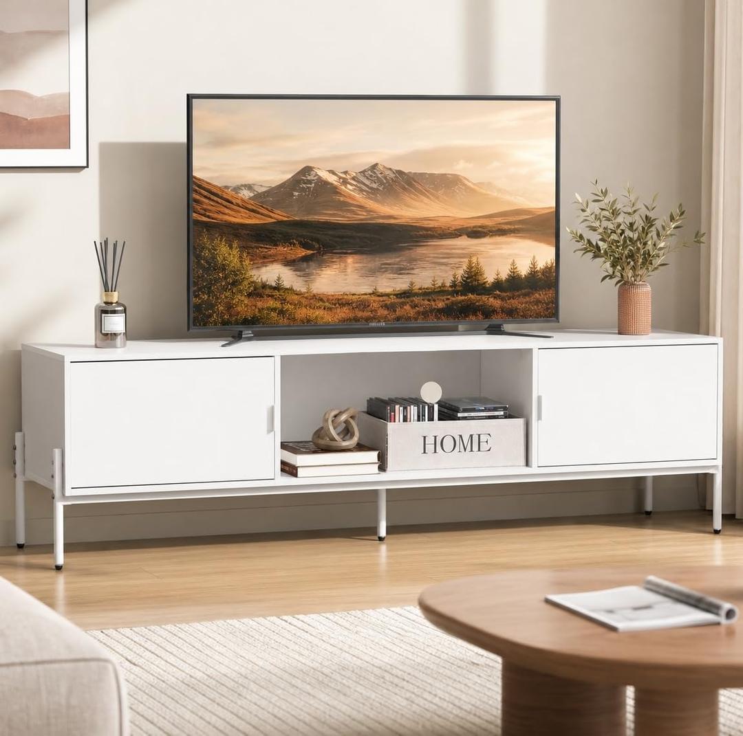 WLIVE 58" TV Stand for 65 Inch TVs, White Media Console with Metal Legs, 57.87L*14.57W*17.71H