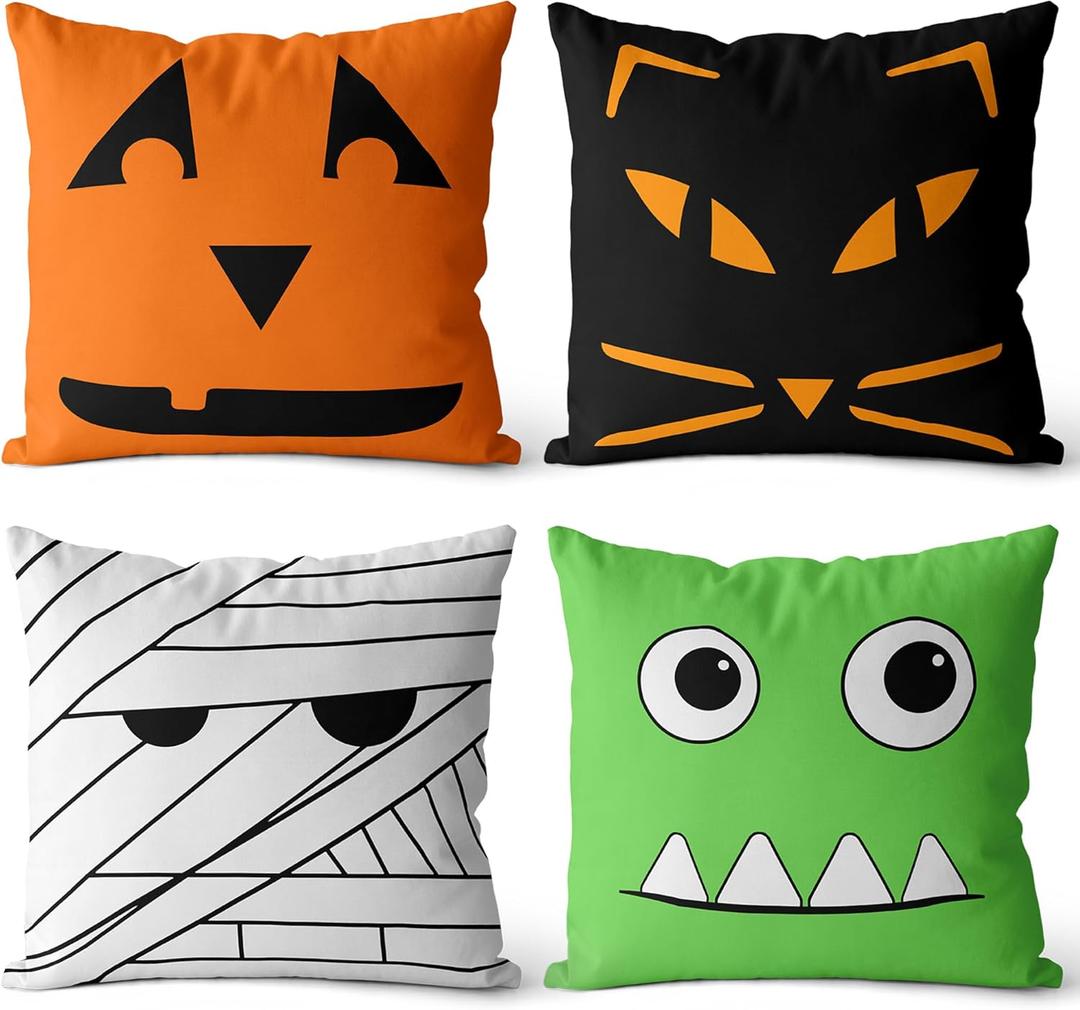Halloween Pillow Covers 18x18 inch Set of 4, Zombie Cats Mummy Trick-or-Treat Ghost Throw Pillow Covers for Fall Halloween Decorations Halloween Party Pillows Decorative Pillow Covers for Couch Sofa