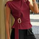 PRETTYGARDEN Women Blouses Spring Dressy Cap Sleeve Mock Neck Work Shirts Buckle Tunic Summer Business Casual Tops 2026 (Red, S)