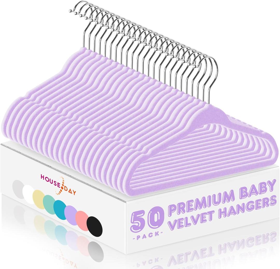HOUSE DAY 11 Inch Velvet Baby Hangers 50 Pack Lt-Purple, Premium Kids Hangers for Children, Infant & Toddler Clothes, Durable Non Slip Small Baby Felt Hanger for Closet, Ideal for Everyday Use