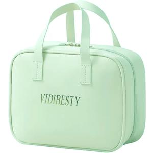 Travel Makeup Bag for Women, Large Capacity Cosmetic Bags for Girls, Compact Pouch Make up Organizer, Waterproof Toiletry Bag with Divider and Handle (Green2)