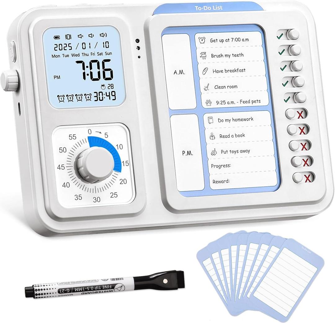 3-in-1 Visual Timer & ADHD Tool for Kids|Adults, Task Timer with Chore Chart Board, Visual Schedule for Kids with Autism, Daily Checklist for Home, School, Classroom, Desk (White)
