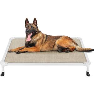 Veehoo Chew Proof Elevated Dog Bed - Cooling Raised Pet Cot - Silver Aluminum Frame and Durable Textilene Mesh Fabric, Unique Designed No-Slip Feet for Indoor or Outdoor Use, Beige Coffee, Large (42.0"L x 30.0"W x 7.0"Th)