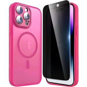 Privacy Case for iPhone 14 Pro,Magnetic iPhone 14 Pro Phone Case with Privacy Screen Protector X2 & Camera Protector [Compatible with MagSafe],Translucent Matte Shockproof Cover-Rose Red