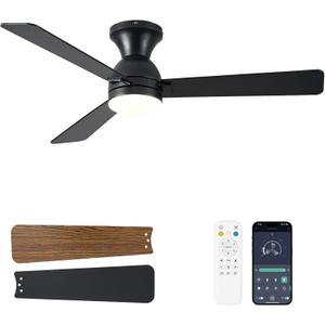Ceiling Fans with Lights, 48 inch Low Profile Ceiling Fan with Light and Remote Control, Flush Mount, Reversible, 3CCT, Dimmable LED, Noiseless, Black Ceiling Fan for Bedroom, Dining Room
