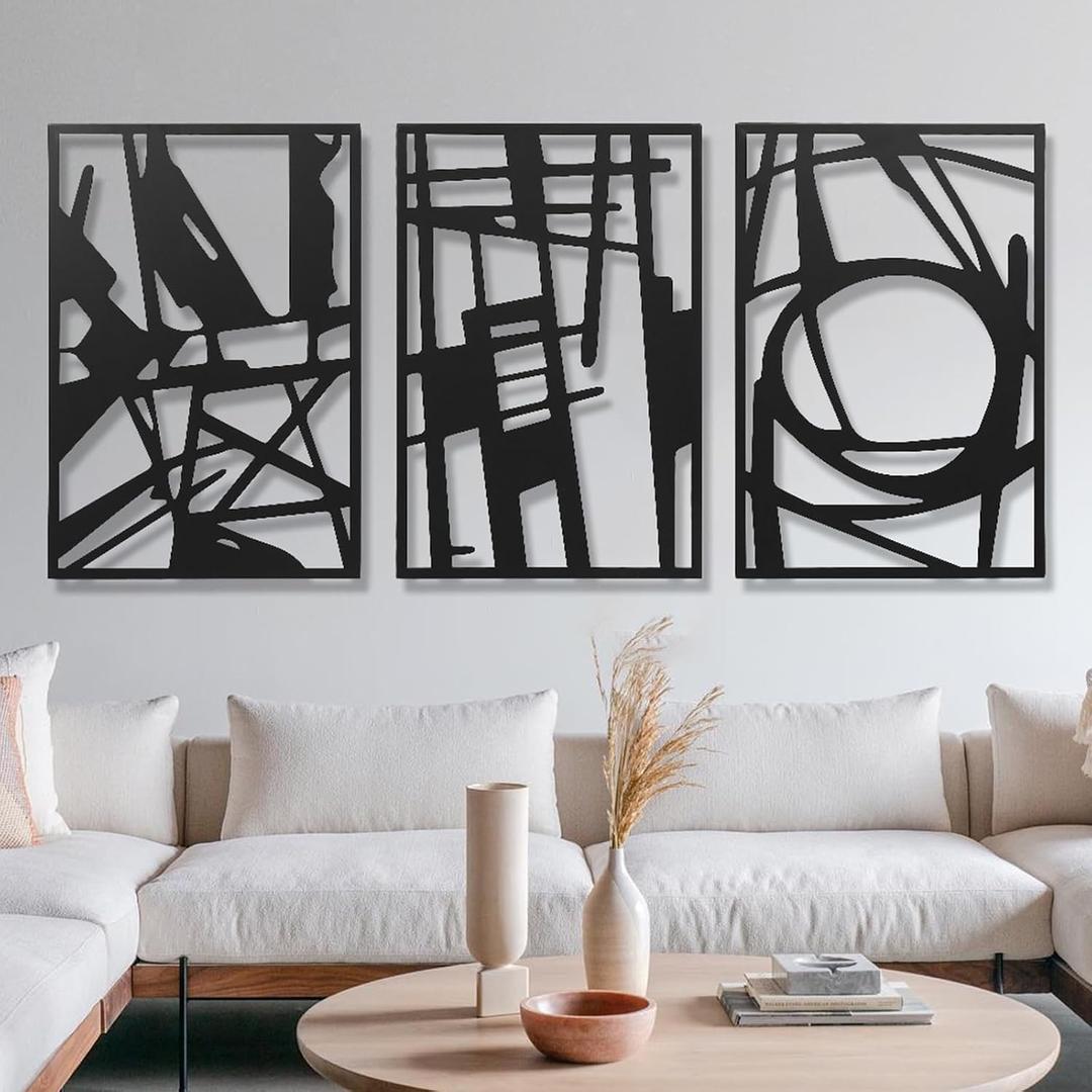 AMAATE 3 Piece Modern Abstract Black Metal Wall Art, Minimalist Geometric Line Art Wall Sculptures, Hollow Out Metal Hanging Decor for Living Room Bedroom Office Home Decor, 11" X 14.6" in
