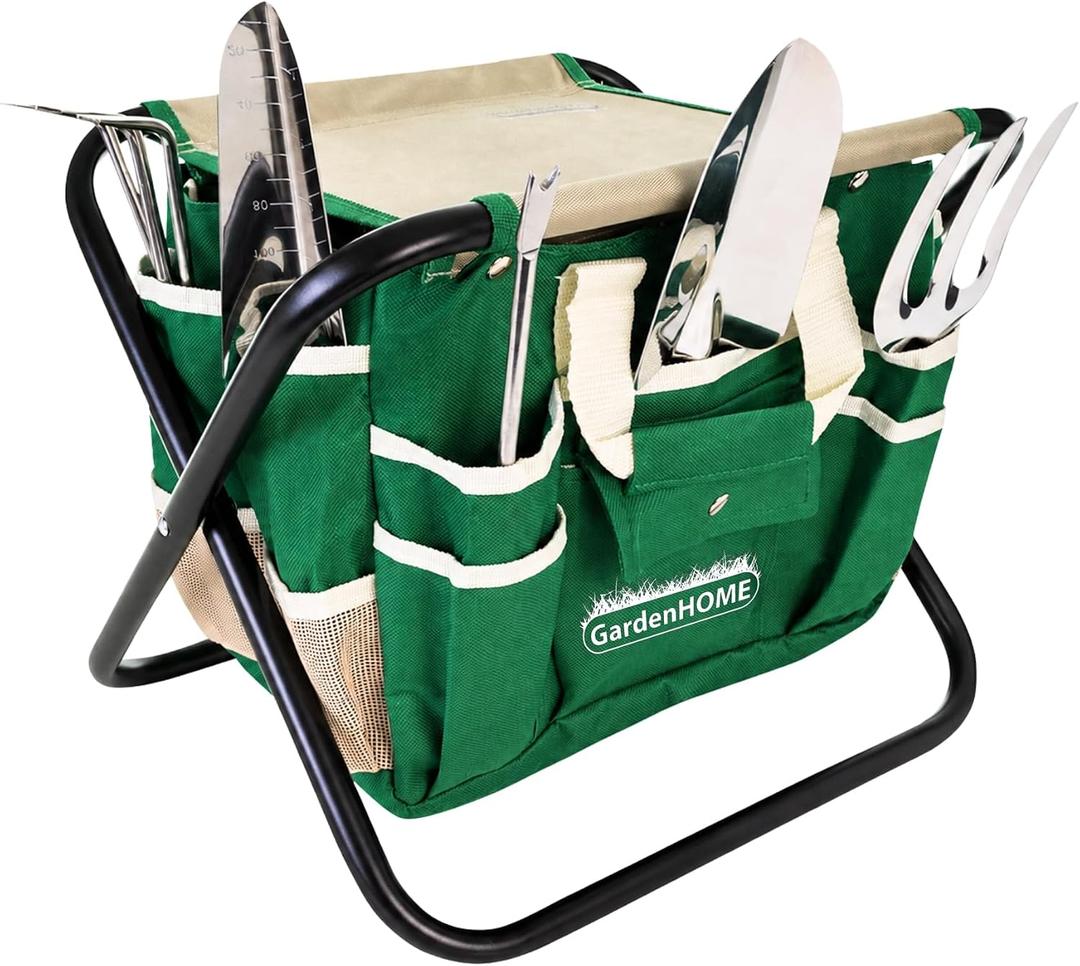 7-Piece Garden Tool Set with Folding Stool & Storage Tote