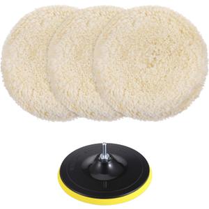 3 PCS Wool Buffing Pad 7 Inch Natural Wool Pads Car Polishing Pad with Hook and Loop for Cleaning and Polishing for Car Boats Trucks and RVs with 1 pcs base, Wools Sheepskin Material Quick Attachment