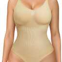 BRABIC Womens' Seamless Sleeveless V-Neck Bodysuit Shapewear Tummy Control (Medium/Large, Beige Thong)