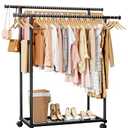 Sakugi Metal Clothes Rack - Double Rod Clothing Rack with Fixed Design and Rolling Wheels, Coat Rack with Built-In Shelf for Closet Organizers and Storage (38.5" x 16.9" x 59.0", Black)