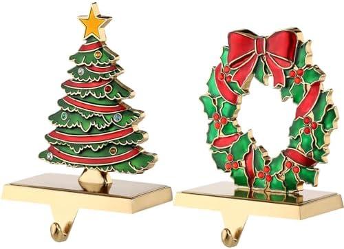 Set of 2 Tree Christmas Stocking Holders for Mantle-Retro Christmas Stocking Hangers for Mantel Xmas Stocking Hooks for Fireplace,Metal Christmas Stocking Hanger for Mantel Decoration (Tree-Wreath)