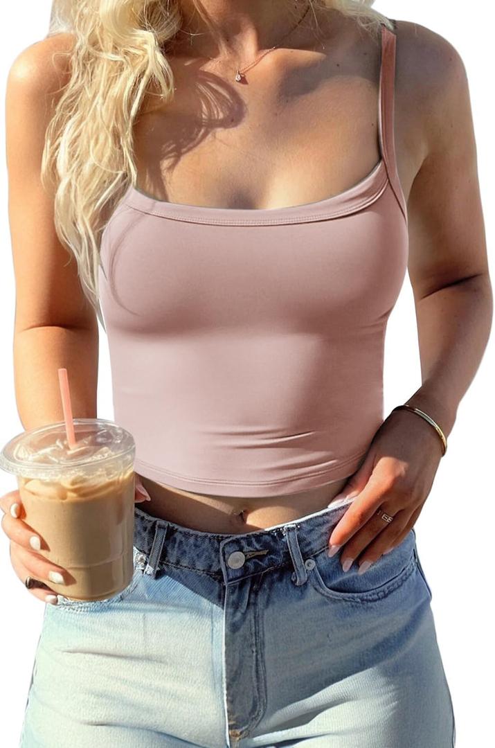 CHYRII Womens Tank Tops with Built in Bra Fashion Workout Top Longline Sports Bra Basic Camisole Top (Pink, XXL)
