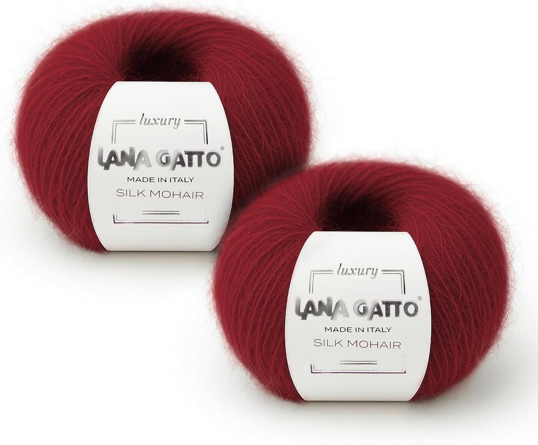 2 Skeins, Silk Mohair Luxury Yarns, Premium and Soft Blend for Knitting and Crocheting, Made in Italy (Red - 6026, 2)
