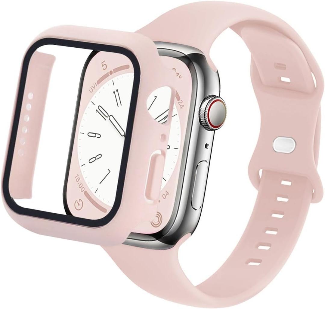 Slim Watch Band and Case Compatible with Apple Watch Bands 38mm 40mm 41mm 42mm 44mm 45mm, Soft Silicone Sport Strap with Screen Protector Combo Set iWatch Series 9 8 SE 7 6 5 4 3 2 1 for Women Men