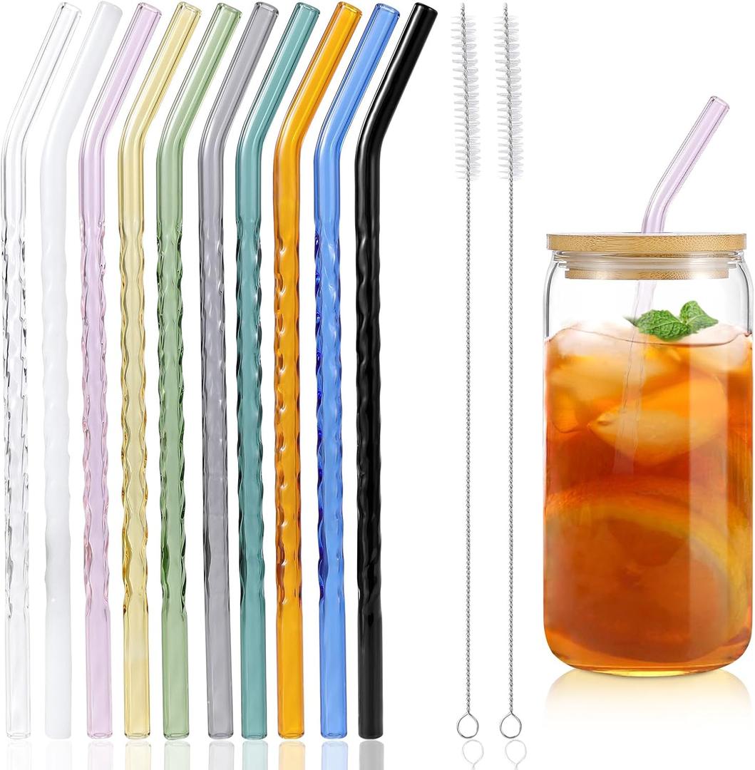 10 Pcs Reusable Bent Colored Glass Straws,9''x8 mm Shatter Resistant Cute Drinking Straws with 2 Cleaner Brush for 16 oz 18 oz Glass Cups and Home Drink Cups