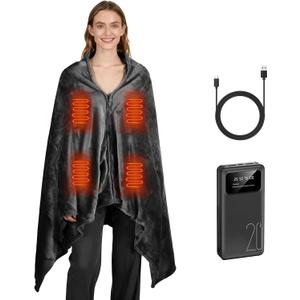 Cordless Portable Heated Blanket Battery Operated, 20000mAh Battery Rechargeable Heated Blanket with 3 Heating Levels, 70"x40" USB Wearable Electric Blankets for Camping, Home, Office, Car. (Grey)