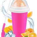 Slushie Cup, 2 Pack Slushy Maker Cup, DIY Magic Squeeze Cups for Juice Milk Yogurt Ice Cream Make, Portable Double Layer Smoothie Cup with Lid & Straw for Kids Friends Family (Pink+Green)