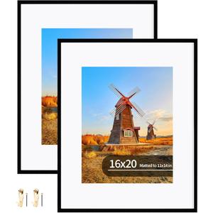 16x20 Metal Frames Set of 2, 16 x 20 Aluminum Photo Frames with 11x14 Mat - Sawtooth Hangers, Spring Clips for Wall Mounting Horizontal and Vertical(Black) (16x20 in, Metal Black)