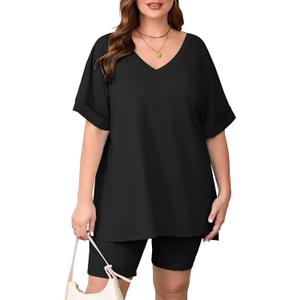 AusLook Women's Plus Size 2 Piece Short Outfits Set Short Sleeve Tops and Shorts Pants Lounge Jogging outfits Matching Set (Black), 4X
