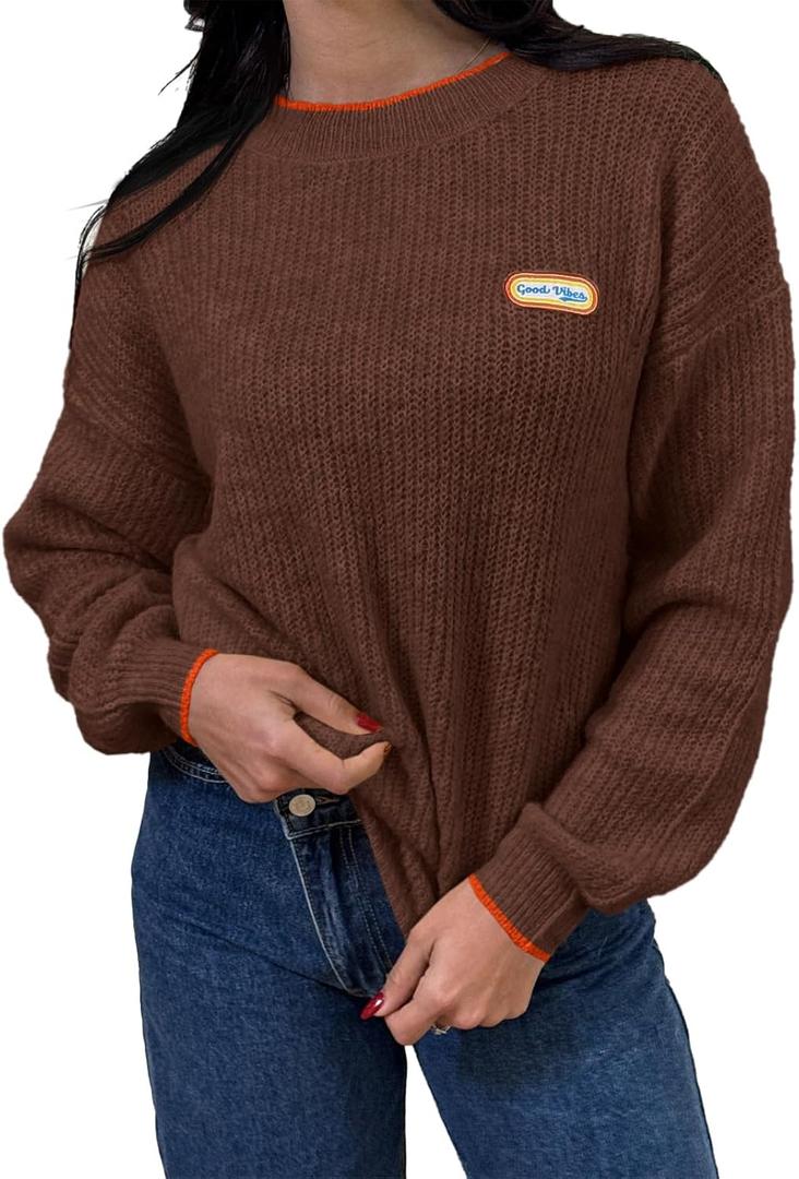 Saodimallsu Womens Sweaters Crew Neck Long Sleeve Knit Contrast Piping Stripe Lightweight Casual Fall Pullover Tops 2025 (Brown)