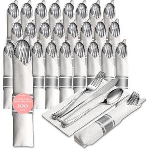 Prestee 25 Plastic Silverware Set, Pre-Rolled - 100pc Disposable Flatware with Forks, Knives, Spoons and White Napkins - Dinner Utensil Sets for Catering Supplies Buffet Display, Parties and Weddings