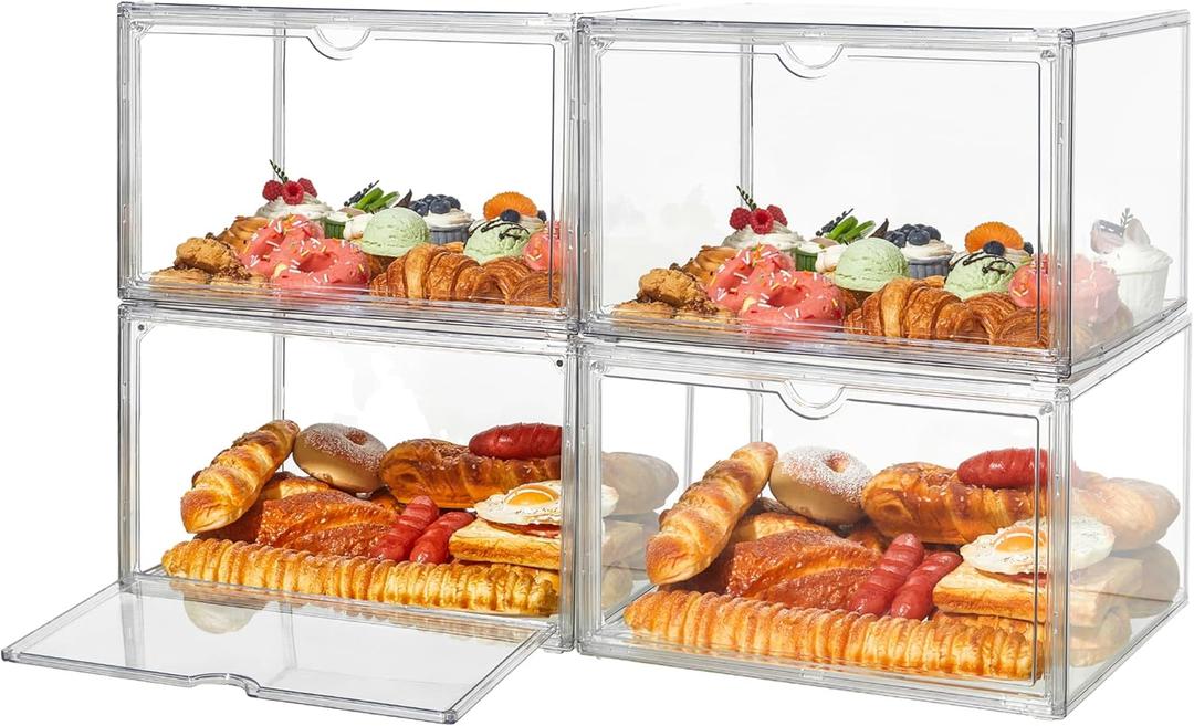 4 Pcs Bread Boxes for Kitchen Countertop, Large Bread Storage Container, Pastry Display Case Stackable Bread Keeper for Bread, Bagel, Muffins