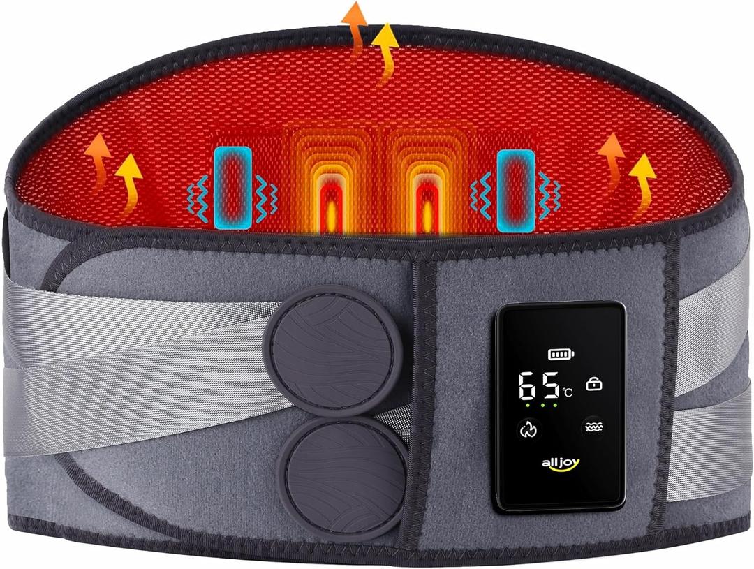 ALLJOY 67" Cordless Heating Pad for Back Pain Relief FSA Eligible HSA, Birthday Gifts for Women Men Mom Dad, Portable Lower Back Massager with 3 Heat 5 Vibration, Wireless Heating Pad for Cramps (Grey)