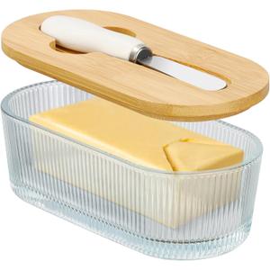 Butter Dish with Lid, Butter Container for Countertop, Butter Tray Butter Keeper with Bamboo Lid and Stainless Steel Knife, Glass Butter Dish Perfect for East/West Coast Butter (Vertical grain)